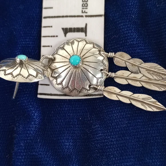 Sterling Silver and Turquoise / Feathers Dangle Earrings Native American - Picture 5 of 12